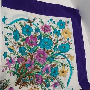 Vintage Fall Floral Silk Scarf with Purple Boarder